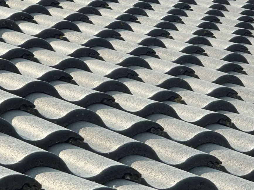Detailed view of wavy terra cotta roof tiles creating a striking texture and pattern.